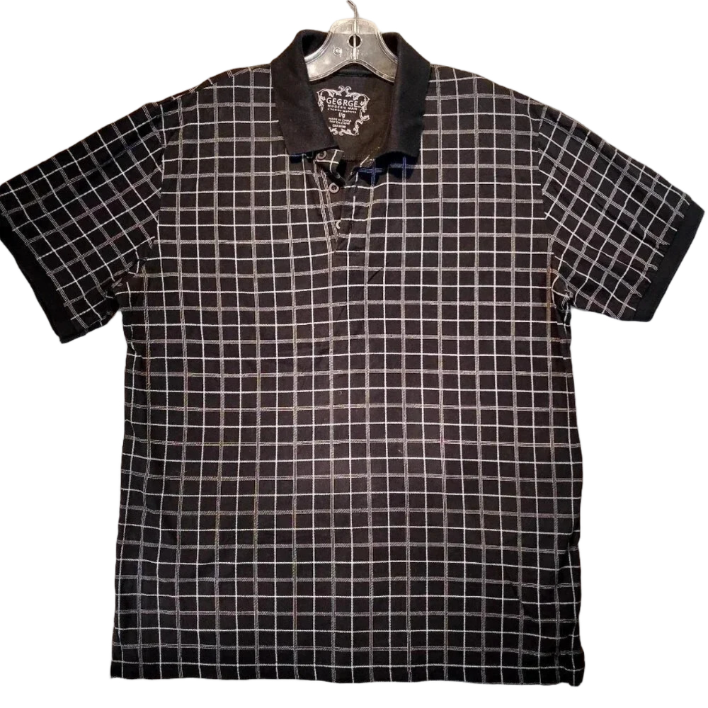 George Men's Black Plaid Polo Shirt in Size Large